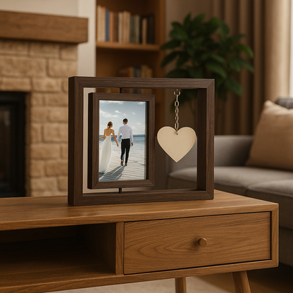 360° Rotierender Foto Rahmen mit Herzanhänger,  Doppelter Bilderrahmen aus Holz