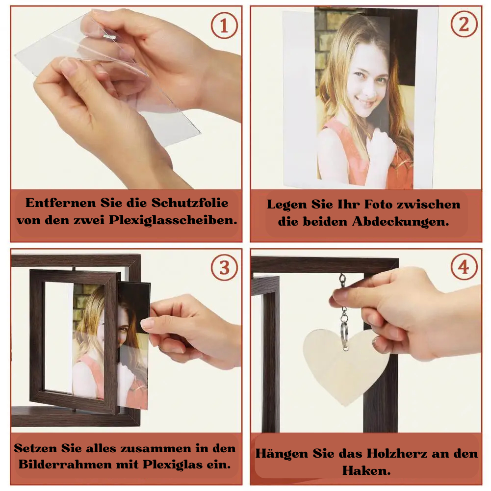 360° Rotierender Foto Rahmen mit Herzanhänger,  Doppelter Bilderrahmen aus Holz
