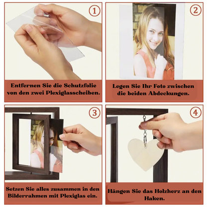 360° Rotierender Foto Rahmen mit Herzanhänger,  Doppelter Bilderrahmen aus Holz